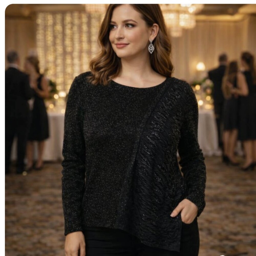 CHICO'S NWT Shaina Woven Mixed Metallic Pullover Black Sweater size 3 (XL/16)